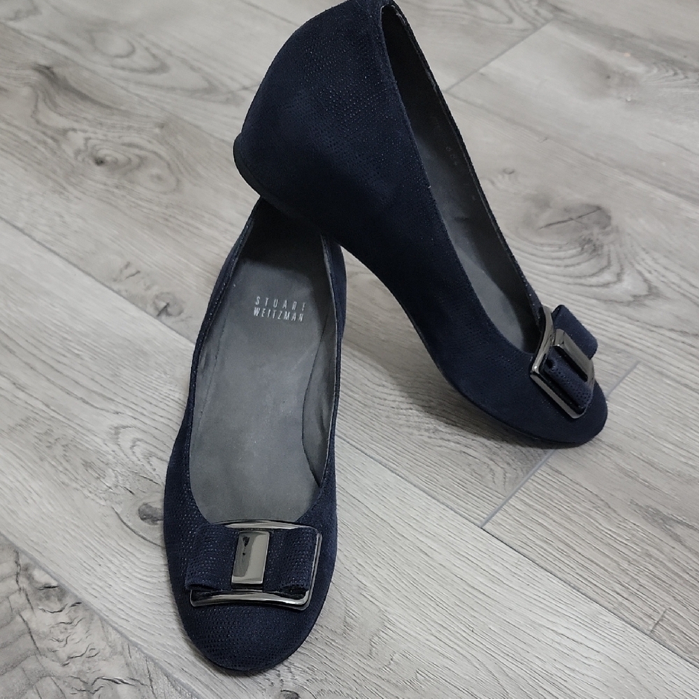 Stuart Weitzman Wedge Women Pumps Size 7M Blue Leather Made In Spain - Picture 2 of 6